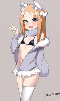 1girl :d abigail_williams_(fate) animal_ears bikini black_bikini blonde_hair blush bow breasts bush cat_ears cowboy_shot dated fate/grand_order fate_(series) grey_background grey_jacket hair_bow highres jacket loli long_hair long_sleeves mz_(ltge3238) open_mouth parted_bangs simple_background single_bare_shoulder skindentation small_breasts smile swimsuit thighhighs v white_bow white_thighhighs