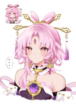 ... 1girl bare_shoulders chibi chinese_clothes earrings forehead_jewel fu_xuan_(honkai:_star_rail) hair_ornament highres honkai:_star_rail honkai_(series) jewelry memi_58 parted_bangs pink_hair single_earring single_sidelock tassel upper_body yellow_eyes