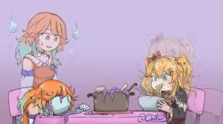 4girls akai_haato akai_haato_(gothic_lolita) animated aqua_eyes bad_food bird black_nails blonde_hair blue_hair bone breasts chef_hat chitaisakuya death-sensei_(mori_calliope) diamond_hairband dumpling earrings feather_earrings feathers food ghost glasses gradient_hair hair_ornament hair_ribbon halo hat heart heart_hair_ornament hololive hololive_english jewelry jiaozi large_breasts long_hair medium_breasts mori_calliope mori_calliope_(1st_costume) multicolored_hair multiple_girls nail_polish ninomae_ina&#039;nis noodles orange_hair phoenix red_ribbon resurrection ribbon shoulder_spikes spikes tablet_pc takanashi_kiara takanashi_kiara_(1st_costume) tentacle_hair tentacles tiara tsundere twintails veil very_long_hair video virtual_youtuber yuri