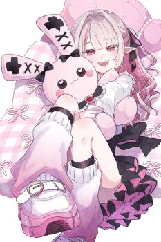 1girl alternate_costume black_skirt black_socks brown_hair colored_inner_hair commentary debitto_(makaino_ririmu) fangs hair_intakes hair_ribbon highres leg_warmers looking_at_viewer makaino_ririmu multicolored_hair nijisanji pillow pink_eyes pink_hair pointy_ears ribbon roku_(ntbr_fate) skirt smile socks solo stuffed_animal stuffed_rabbit stuffed_toy symbol-only_commentary two-tone_hair two_side_up virtual_youtuber white_leg_warmers