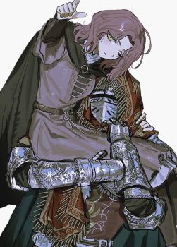 0niku_niku 1boy 1girl 1other ambiguous_gender armor black_cloak blush brown_hair cape carrying cloak closed_mouth commentary_request dress elden_ring facial_tattoo full_armor gauntlets helmet highres hood looking_at_viewer medium_hair melina_(elden_ring) one_eye_closed pointing simple_background tattoo white_background yellow_eyes