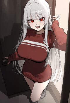 1girl absurdres breasts commentary english_commentary fang grey_hair habin_(rusellunt) highres large_breasts long_hair open_mouth opening_door original red_eyes rusellunt solo
