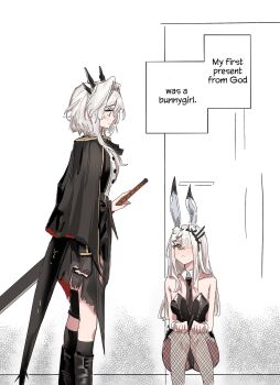 2girls alternate_costume animal_ears arknights bare_arms bare_shoulders black_boots black_cape black_gloves black_leotard black_necktie black_pantyhose black_socks boots cape closed_mouth commentary derivative_work detached_collar english_commentary english_text eye_contact fingerless_gloves fishnet_pantyhose fishnets frostnova_(arknights) gloves grey_eyes grey_hair hair_ornament hair_over_one_eye hairclip hands_on_own_knees highres hill_chuchu knee_boots kneehighs leotard long_hair looking_at_another multiple_girls necktie one_eye_covered pantyhose playboy_bunny profile short_hair_with_long_locks single_fingerless_glove single_glove socks squatting standing strapless strapless_leotard sword talulah_(arknights) talulah_the_fighter_(arknights) weapon