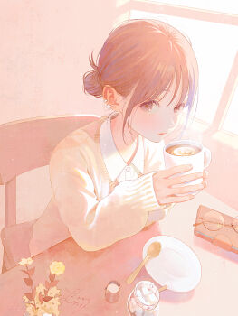 1girl brown_eyes brown_hair cafe cardigan chair coffee collared_shirt cup ear_piercing earrings elbows_on_table flower glasses hair_bun highres holding holding_cup indoors jewelry latte_art long_sleeves looking_at_viewer mug nakamura_hinata on_chair original piercing plate restaurant saucer shirt signature single_hair_bun sitting sleeves_past_wrists solo spoon steam sunlight sweater table teacup unworn_eyewear white_shirt window yellow_flower