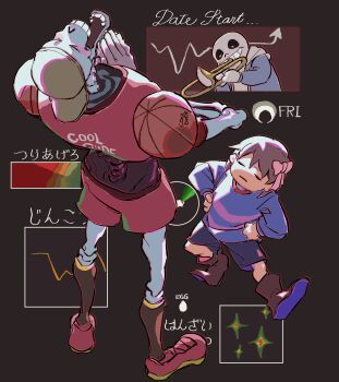 >_< 1other 2boys =_= absurdres adapted_costume alternate_costume baseball_cap black_shorts black_socks bone boots bow brown_background brown_boots brown_hair closed_eyes colored_skin dancing frisk_(undertale) full_body grin hair_bow hands_on_own_hips hat highres holding holding_instrument instrument kneehighs male_focus multiple_boys music open_mouth own_hands_together papyrus_(undertale) playing_instrument red_shirt red_shoes red_shorts sans_(undertale) shirt shoes short_hair shorts skeleton smile socks standing trumpet udohepu undertale utdr_(toby_fox) white_skin yellow_hat