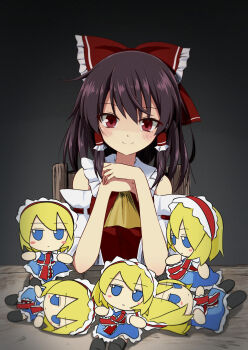 1girl absurdres alice_margatroid ascot bare_shoulders blue_dress blue_eyes bow brown_hair chair character_doll closed_mouth collared_shirt commentary_request detached_sleeves doll dress frilled_ascot frilled_bow frilled_hair_tubes frilled_hairband frilled_sash frills fumo_(doll) gradient_background grey_background hair_bow hair_tubes hairband hakurei_reimu highres jitome lolita_hairband long_hair long_sleeves red_ascot red_bow red_eyes red_sash red_shirt ribbon-trimmed_sleeves ribbon_trim sash shirt sidelocks sleeveless sleeveless_shirt smile solo table too_many_dolls touhou tsuukinkaisoku_oomiya upper_body white_shirt white_sleeves wide_sleeves wooden_chair yellow_ascot