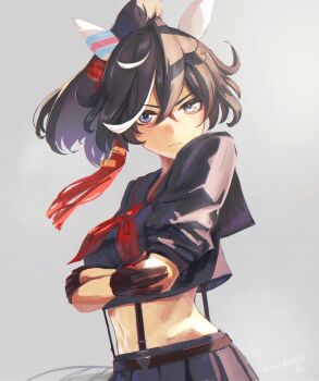 1girl animal_ears black_gloves black_hair black_sailor_collar black_shirt black_skirt blue_eyes blush breasts closed_mouth cosplay cropped_shirt crossed_arms ear_covers gloves hair_between_eyes hair_ornament highres horse_ears horse_girl horse_tail katsuragi_ace_(umamusume) kill_la_kill long_hair looking_at_viewer matoi_ryuuko_(cosplay) medium_breasts midriff multicolored_hair navel neckerchief o_ko_ge2024 ponytail red_neckerchief sailor_collar school_uniform senketsu serafuku shirt simple_background skirt solo streaked_hair suspenders tail tassel tassel_hair_ornament umamusume white_hair
