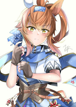 Rule 34 | 1girl, absurdres, animal ears, belt, blue hairband, blue scarf, blush, breasts, brown belt, brown corset, brown gloves, brown hair, closed mouth, commentary request, corset, ear covers, fingerless gloves, furioso (triumphant return of the auspicious star) (umamusume), furioso (umamusume), gloves, hair between eyes, hairband, highres, horse ears, horse girl, horse tail, long hair, looking at viewer, ochiba16, scarf, shirt, short sleeves, simple background, single ear cover, skirt, solo, tail, umamusume, white background, yellow eyes