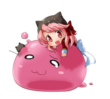 1girl :3 :d blush bow chibi chibi_only deviruchi deviruchi_hat dress hair_bow hat high_priest_(ragnarok_online) juliet_sleeves long_sleeves looking_at_viewer open_mouth pink_hair poring puffy_sleeves ragnarok_online red_bow red_dress red_eyes sakura_yuu_(sakurairo) simple_background slime_(creature) smile solo white_background