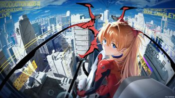 Rule 34 | 1girl, absurdres, blue eyes, blush, bodysuit, botttomtext, bright pupils, brown hair, building, character name, city, closed mouth, cockpit, commentary, freckles, hair between eyes, hairpods, highres, interface headset (evangelion), long hair, looking at viewer, looking back, mecha pilot suit, neon genesis evangelion, pixiv id, plugsuit (evangelion), red bodysuit, science fiction, skin tight, skyscraper, solo, souryuu asuka langley, white pupils