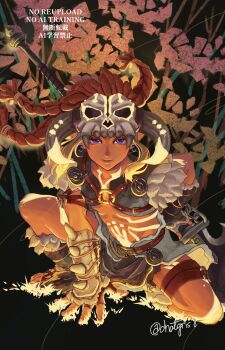 Rule 34 | 1boy, barbarian set (zelda), blonde hair, blue eyes, body markings, boots, chatgris8, cropped vest, earrings, fake horns, fur-trimmed boots, fur-trimmed vest, fur trim, helmet, highres, holding, holding behind back, holding weapon behind back, horned helmet, horns, jewelry, link, loincloth, male focus, medium hair, midriff, nintendo, official alternate costume, on one knee, open-toe boots, pointy ears, sidelocks, skull on head, solo, the legend of zelda, the legend of zelda: breath of the wild, twitter username, vest