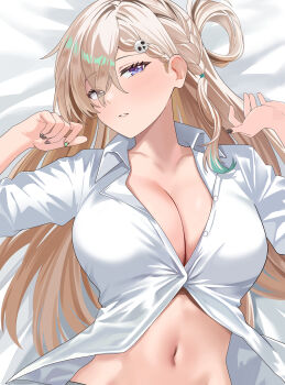 1girl absurdres bed_sheet black_nails blonde_hair braid braided_bangs breasts cleavage collarbone collared_shirt commentary eyes_visible_through_hair fingernails hair_ornament hair_over_one_eye hands_up highres large_breasts long_hair looking_at_viewer lying lynae_(wuthering_waves) multicolored_hair nail_polish navel on_back parted_lips partially_unbuttoned purple_eyes shirt skull_hair_ornament solo streaked_hair twomoon upper_body white_shirt wuthering_waves