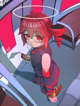 1girl bag baguette bread commentary_request detached_sleeves drill_hair food fruit full_body halo highres holding holding_bag holding_phone kasane_teto kasane_teto_(utau) listening_to_music looking_at_viewer pear phone red_eyes red_hair seibutsu_(kaibu23_seibutu) shirt shopping_bag sleeveless sleeveless_shirt solo standing subway traditional_halo twin_drills utau