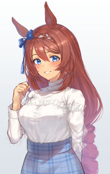 1girl animal_ears beruu black_hair blue_bow blue_eyes blue_skirt blush bow braid braided_bangs breasts commentary_request ear_bow hair_between_eyes hand_up highres horse_ears horse_girl large_breasts long_hair long_sleeves looking_at_viewer low-braided_long_hair low-tied_long_hair multicolored_hair plaid_clothes plaid_skirt shirt simple_background skirt smile solo streaked_hair super_creek_(umamusume) turtleneck turtleneck_shirt umamusume upper_body very_long_hair white_background white_hair white_streaks