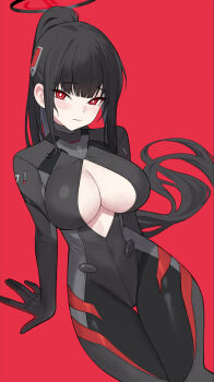 1girl black_bodysuit black_hair blue_archive blunt_bangs blush bodysuit breasts cleavage cleavage_cutout closed_mouth clothing_cutout commentary_request covered_groin cowboy_shot halo highres large_breasts long_hair looking_at_viewer official_alternate_costume ponytail potatoy red_background red_eyes rio_(armed)_(blue_archive) rio_(blue_archive) sidelocks simple_background sitting solo very_long_hair