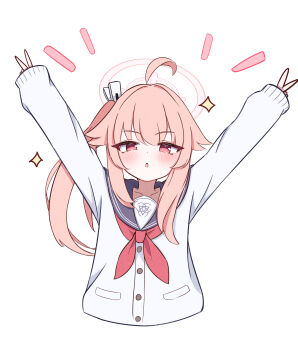 1girl absurdres akarenga antenna_hair blue_archive cardigan double_v halo highres natsu_(blue_archive) pink_hair pink_halo red_eyes school_uniform serafuku simple_background solo upper_body v white_background white_cardigan