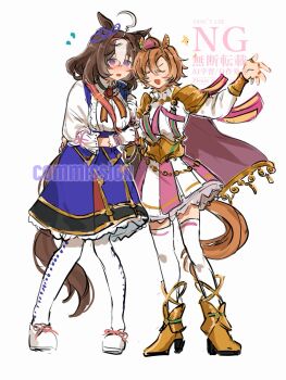 2girls @_@ ahoge animal_ears armor bag between_breasts blue_dress blush boots bow breasts brown_hair cape closed_eyes crown double-parted_bangs dress ear_ornament ear_piercing ear_ribbon gloves gold_boots gold_corset hair_between_eyes hairband headband highres horse_ears horse_girl horse_tail jewelry large_breasts long_sleeves medium_hair meisho_doto_(turbulent_blue)_(umamusume) meisho_doto_(umamusume) mini_crown multicolored_hair multiple_girls multiple_rings open_mouth orange_hair orange_tail pantyhose piercing pink_cape pink_crown pink_hairband pink_headband purple_eyes ring roroko_momo shirt shoes short_hair shoulder_armor shoulder_bag skirt smile star_(symbol) strap_between_breasts t.m._opera_o_(o_sole_suo!)_(umamusume) t.m._opera_o_(umamusume) tail thighhighs two-tone_hair two-tone_skirt umamusume white_gloves white_hair white_pantyhose white_shirt white_thighhighs