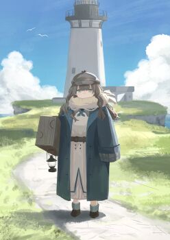 1girl :/ absurdres ankle_boots belt bird blue_coat blue_eyes blue_sky boots brown_belt brown_boots brown_hair newsboy_cap cloud coat dress full_body grass grey_hat hat highres holding holding_suitcase kubu_fugu lantern lighthouse long_dress long_sleeves looking_at_viewer marcus_(reverse:1999) ocean outdoors path reverse:1999 road scarf scenery sky sleeves_past_fingers sleeves_past_wrists solo standing straight-on suitcase white_dress white_scarf