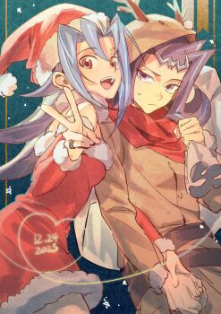 1boy 1girl animal_costume bare_shoulders blue_hair breasts brother_and_sister christmas commentary_request cowboy_shot dated dress green_background hat heart highres holding_hands kamishiro_rio kamishiro_ryouga moemoenomori open_mouth purple_eyes red_dress red_scarf reindeer_costume santa_hat scarf siblings strapless strapless_dress v yu-gi-oh! yu-gi-oh!_zexal