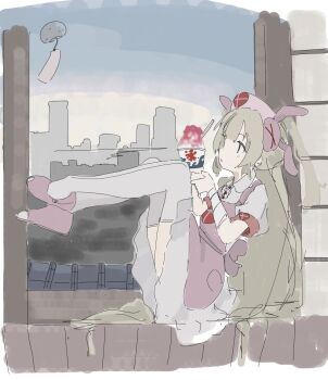 1girl apron armband brick_wall dress hair_ornament hat heart highres holding indoors long_hair natori_sana natori_sana_(nurse) nurse_cap open_toe_shoes pink_apron puffy_short_sleeves puffy_sleeves rabbit_hair_ornament red_eyes rock sana_channel short_sleeves sitting solo stairs thighhighs virtual_youtuber white_dress yaruki_(kodlerqzjufgnkp)