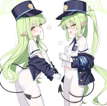 2girls absurdres armband ass black_hat black_jacket blue_archive blush breasts buttons demon_tail earrings gloves green_hair halo hat highres hikari_(blue_archive) jacket jewelry long_hair long_sleeves looking_at_viewer multiple_girls navel nozomi_(blue_archive) off_shoulder open_mouth pantyhose peaked_cap pointy_ears revision shirt short_sleeves shouu-kun sidelocks small_breasts smile tail thighs twintails very_long_hair white_gloves white_pantyhose white_shirt yellow_eyes