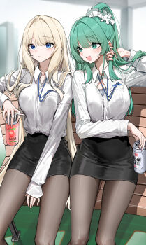 2girls :d asahi_breweries beer_can bench bendy_straw black_skirt blonde_hair blue_eyes blurry blurry_background breasts brown_pantyhose can cleavage collared_shirt commentary_request dduck_kong depth_of_field dress_shirt drink_can drinking_straw green_eyes green_hair hair_intakes highres holding holding_can lanyard long_hair medium_breasts multiple_girls on_bench open_mouth original pantyhose park_bench pencil_skirt ponytail shirt sitting skirt smile very_long_hair white_shirt