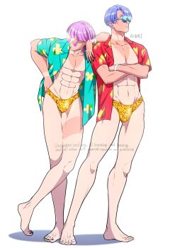 2boys abs absurdres arm_on_another's_shoulder art_program_in_frame black_nails blue_hair brothers bulge choker_tan commentary_request crossed_arms full_body gluteal_fold hand_on_own_hip highres kovalt looking_to_the_side male_focus male_swimwear multiple_boys navel panty_&amp;_stocking_with_garterbelt pectorals pink_hair polyester_(psg) polyurethane_(psg) shirt siblings simple_background standing sunglasses sweat swim_briefs tan tanline thighs toned toned_male topless_male watermark white_background