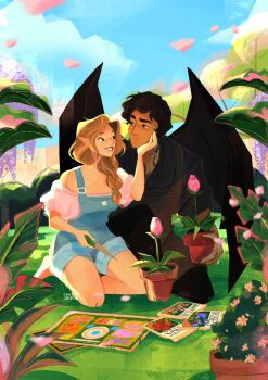 1boy 1girl a_court_of_thorns_and_roses_(series) azriel_(acotar) bat_wings black_hair black_wings blue_overalls blue_sky braid brown_hair bush cheesy_cryptid cloud couple day elain_archeron english_text eye_contact flower foliage garden gardening gardening_shears grass hetero highres holding holding_plant leaf long_hair looking_at_another outdoors overall_shorts overalls petals plant pointy_ears seed shirt short_hair shorts sitting sky smile tree wings