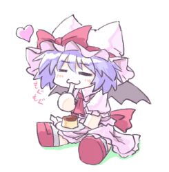 Rule 34 | 1girl, :3, = =, animal ear headwear, aokukou, ascot, bow, chibi, closed eyes, commentary, fake animal ears, food, hat, hat bow, heart, lowres, mob cap, pink hat, pink shirt, pink skirt, pudding, red ascot, red bow, red footwear, remilia scarlet, shirt, simple background, sitting, skirt, socks, solo, touhou, translated, white background, white socks
