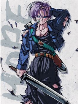 1boy black_pants black_shirt blue_eyes blue_jacket cowboy_shot cropped_jacket dragon_ball dragonball_z english_text holding holding_sword holding_weapon jacket male_focus muscular muscular_male neophyte_illust pants purple_hair shirt short_hair solo sword torn_clothes torn_jacket torn_pants trunks_(dragon_ball) trunks_(future)_(dragon_ball) weapon