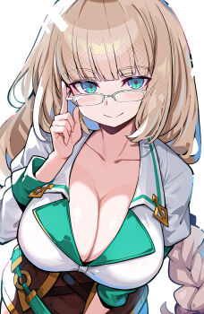 1girl adjusting_eyewear aqua_eyes blonde_hair blunt_bangs bombergirl braid breasts cleavage closed_mouth commentary_request finger_on_eyewear glasses hand_up heart heart_in_eye highres large_breasts long_hair looking_at_viewer low-braided_long_hair low-tied_long_hair omochishiki sepia_belmont shirt simple_background smile solo symbol_in_eye white_background white_shirt