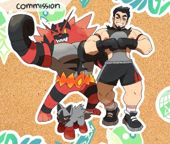 1boy armband bara beard black_hair black_shorts boxing_gloves clenched_hands commission danny_(felixnosi) eyebrow_cut facial_hair fist_bump full_beard full_body gen_3_pokemon gen_7_pokemon grin highres incineroar large_pectorals male_focus mature_male muscular muscular_male nintendo nipples okto_(oktorisuyet) one_eye_closed original pectorals pokemon poochyena shoes short_hair shorts smile sneakers thick_eyebrows wrestler