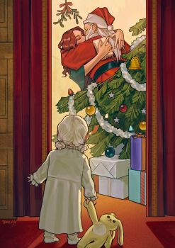 3girls a_song_of_ice_and_fire alicent_hightower box child christmas christmas_tree closed_eyes commentary english_commentary fake_beard fake_facial_hair gift gift_box hat highres holding holding_gift holding_stuffed_toy indoors kiss long_hair mistletoe mother_and_daughter multiple_girls red_hair rhaenyra_targaryen santa_costume santa_hat short_twintails stuffed_animal stuffed_rabbit stuffed_toy tcn_tancha twintails white_hair yuri