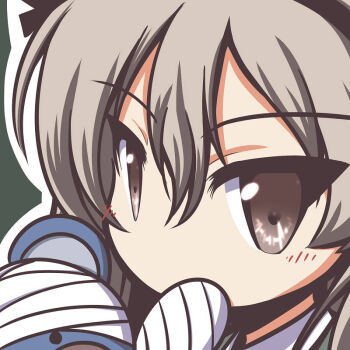 1girl bandaged_arm bandaged_head bandages black_ribbon blush boko_(girls_und_panzer) brown_eyes brown_hair closed_mouth covered_mouth eyes_visible_through_hair fictional_sister girls_und_panzer green_background hair_between_eyes hair_ribbon holding holding_stuffed_toy long_hair long_sleeves looking_at_viewer military military_uniform no_nose one_side_up ribbon selection_university_military_uniform shimada_arisu shirt simple_background smile solo stuffed_animal stuffed_toy teddy_bear