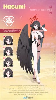 Rule 34 | 1girl, absurdres, bikini, black bikini, black choker, black hair, black wings, blue archive, breasts, brown sandals, character name, choker, collarbone, commentary, copyright logo, copyright name, copyright notice, english commentary, english text, feathered wings, front-tie bikini top, front-tie top, full body, gom (kooskoo), groin, hair between eyes, hair bun, halo, hasumi (blue archive), hasumi (swimsuit) (blue archive), highleg, highleg bikini, highres, huge breasts, logo, long hair, long legs, multiple expressions, multiple views, nail polish, official alternate costume, official alternate hairstyle, official art, parted lips, ponytail, red eyes, red halo, sandals, second-party source, side-tie bikini bottom, sideboob, standing, sweatdrop, swimsuit, thigh strap, thighs, toenail polish, toenails, very long hair, wings