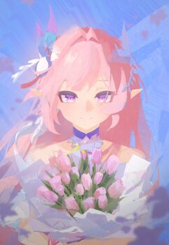 1girl absurdres bare_shoulders blue_sky bouquet chinese_commentary commentary_request cyrene_(honkai:_star_rail) cyrene_(ripples_of_past_reverie)_(honkai:_star_rail) diamond-shaped_pupils diamond_(shape) flower highres holding holding_bouquet honkai:_star_rail honkai_(series) long_hair looking_at_viewer lty-d pink_hair purple_eyes sky smile solo symbol-shaped_pupils upper_body very_long_hair