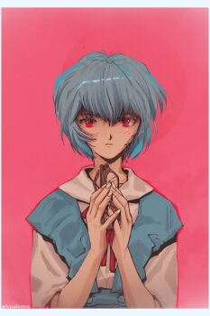 1girl absurdres aqua_skirt ayanami_rei blue_hair blue_skirt broken_eyewear closed_mouth commentary english_commentary expressionless hair_between_eyes highres holding holding_removed_eyewear kyudennn looking_at_viewer neck_ribbon neon_genesis_evangelion pink_background red_eyes red_ribbon ribbon school_uniform shirt short_hair skirt solo suspender_skirt suspenders tokyo-3_middle_school_uniform twitter_username unworn_eyewear white_shirt