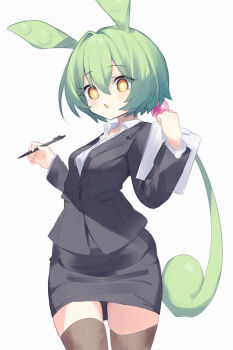1girl absurdres black_jacket black_skirt blush breasts brown_thighhighs collared_shirt commentary_request diieru dress_shirt formal_clothes green_hair hair_between_eyes hair_intakes highres holding holding_pen jacket long_hair looking_at_viewer medium_breasts orange_eyes parted_lips pen shirt simple_background skirt skirt_suit solo suit thighhighs very_long_hair voiceroid white_background white_shirt zundamon