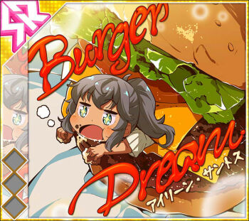 Rule 34 | + +, 1girl, album cover, black hair, burger, character name, cheese, chibi, cover, dark-skinned female, dark skin, dot nose, eating, english text, food, food on face, game cg, green eyes, high ponytail, holding, holding food, idol wars, irene santos, ketchup, lens flare, lettuce, long hair, mini person, minigirl, mixed-language text, official art, ponytail, shirt, sidelocks, sliced cheese, solo, third-party source, tomato, translated, white shirt