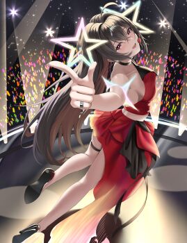 1girl absurdres ahoge bare_shoulders black_choker blush breasts brown_hair choker collarbone commentary_request glowstick goddess_of_victory:_nikke hair_between_eyes headset high_heels highres idol jewelry large_breasts long_hair midriff open_mouth penlight_(glowstick) pretty_(nikke) red_shirt red_skirt ring sami_(ami12702752) shirt skirt smile stage star_(symbol) thigh_strap