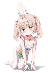 Rule 34 | 1boy, all fours, animal ear fluff, animal ears, arm support, azur lane, blush, brown eyes, choker, closed mouth, commentary, cosplay, crotchless, crotchless pantyhose, dashed eyes, fake animal ears, flat chest, frilled straps, full body, hair ribbon, highleg, highleg leotard, highres, le malin (azur lane), le malin (azur lane) (cosplay), le malin (listless lapin) (azur lane), leotard, light brown hair, looking at viewer, mannack, no shoes, o-ring, o-ring choker, original, pantyhose, rabbit ears, red ribbon, ribbon, short hair, simple background, solo, tearing up, tears, trap, twintails, white background, white leotard, white pantyhose, wrist cuffs