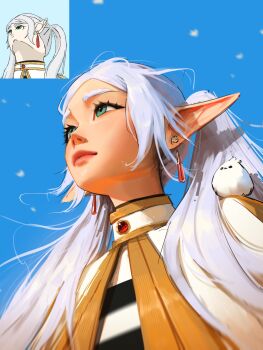 1girl animal animal_on_shoulder bird bird_on_shoulder earrings elf frieren green_eyes highres jewelry long_hair meme pointy_ears reference_inset sam_yang solo sousou_no_frieren twintails upper_body upward_angle_frieren_drawing_(meme) white_hair