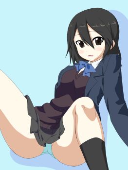 Rule 34 | 10s, 1girl, absurdres, amlrv3, aqua panties, black hair, black legwear, blazer, blush, bow, breasts, brown eyes, hair between eyes, highres, inaba himeko, jacket, kokoro connect, panties, pantyshot, pleated skirt, school uniform, skirt, spread legs, underwear, upskirt