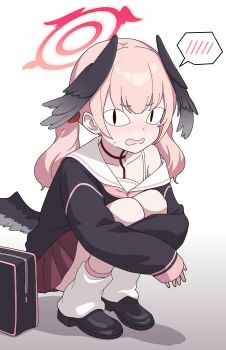 Rule 34 | <|> <|>, 1girl, absurdres, armpit crease, black bag, black shirt, black shoes, black wings, blue archive, blush, collarbone, embarrassed, feathered wings, full body, halo, head wings, highres, hugging own legs, koharu (blue archive), korean commentary, long hair, long sleeves, looking at viewer, loose socks, low wings, neckerchief, nose blush, open mouth, pink hair, pink halo, pink neckerchief, pleated skirt, red halo, red skirt, sailor collar, school uniform, shirt, shoes, simple background, single bare shoulder, single off shoulder, single tear, skirt, sleeves past wrists, socks, solo, speech bubble, spoken blush, squatting, twintails, vector (dmlddmld00), white background, white sailor collar, white socks, winged halo, wings