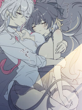 2girls asymmetrical_docking bare_shoulders black_bow black_choker black_shorts bow breast_press breasts choker closed_eyes closed_mouth collared_shirt commentary earrings female_rover_(wuthering_waves) hair_bow hair_ribbon highres hug jewelry key_earrings large_breasts long_hair low_ponytail mole mole_on_breast multiple_girls mutii necktie ponytail ribbon rover_(wuthering_waves) shirt short_shorts shorts sleeping tail thighs triangle_earrings undone_necktie white_hair white_shirt wuthering_waves yellow_ribbon zani_(wuthering_waves) zzz