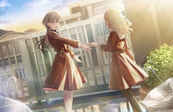 2girls :d after_rain aqua_neckerchief black_pantyhose brown_dress ceras_yanagida_lilienfeld dress dutch_angle edel_note feet_out_of_frame game_cg grey_hair hair_ornament hasu_no_sora_school_uniform highres in-universe_location jellyfish_cut katsuragi_izumi link!_like!_love_live! long_hair long_sleeves looking_at_another love_live! medium_dress multiple_girls neckerchief non-web_source offering_hand_to_another official_art open_mouth orange_eyes outdoors pantyhose pleated_dress puddle sailor_collar sailor_dress school_gateway school_uniform slit_pupils smile standing transparent transparent_umbrella triangle_hair_ornament turtleneck umbrella virtual_youtuber wavy_hair white_sailor_collar winter_uniform yellow_neckerchief