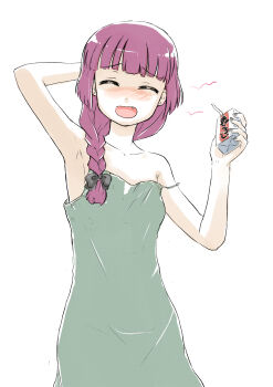1girl :d ^_^ alcohol alcohol_carton armpits blush bocchi_the_rock! braid closed_eyes dress drunk fang highres hiroi_kikuri long_dress long_hair mutou_youshun open_mouth pink_hair sake smile solo spaghetti_strap strap_slip white_background