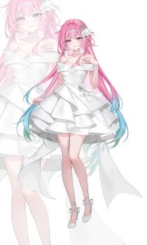 1girl absurdres alternate_costume bare_shoulders blush breasts cleavage collarbone commentary cyrene_(demiurge)_(honkai:_star_rail) cyrene_(honkai:_star_rail) dress fingernails gradient_hair hair_intakes hair_ornament hand_on_own_chest hasom highres honkai:_star_rail honkai_(series) large_breasts long_hair looking_at_viewer multicolored_hair nail_polish off-shoulder_dress off_shoulder parted_lips pink_hair purple_eyes shoes simple_background smile solo very_long_hair white_background white_dress white_nails white_shoes zoom_layer