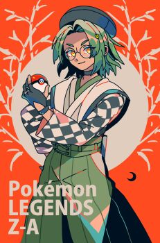choker closed_mouth commentary_request glasses green_eyes green_hair green_hakama hakama hat highres holding holding_poke_ball japanese_clothes long_sleeves looking_at_viewer mizuki_tsukimori nintendo orange_background orange_eyes paxton_(pokemon) poke_ball poke_ball_(basic) pokemon pokemon_legends:_z-a round_eyewear smile