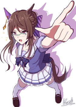 Rule 34 | animal ears, arm up, bow, bowtie, braid, breasts, brown hair, collarbone, commentary request, ear covers, glasses, green-framed eyewear, highres, horse ears, horse girl, horse tail, long hair, looking at viewer, open mouth, over-rim eyewear, pleated skirt, pointing, pointing up, puffy short sleeves, puffy sleeves, purple bow, purple bowtie, purple shirt, round eyewear, royce and royce (umamusume), ryu to kagune, sailor collar, sailor shirt, school uniform, semi-rimless eyewear, shirt, short sleeves, single ear cover, skirt, smile, tail, thighhighs, tracen school uniform, umamusume, white sailor collar, white skirt, white thighhighs